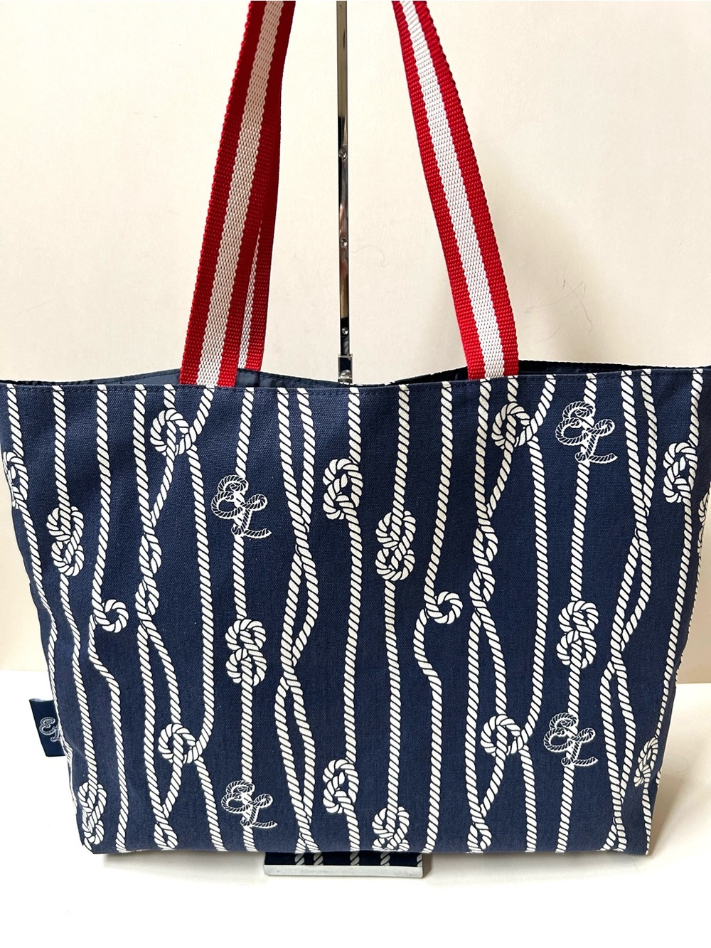 Estée Lauder Navy Rope Print Tote Bag with Red Stripe Handles
